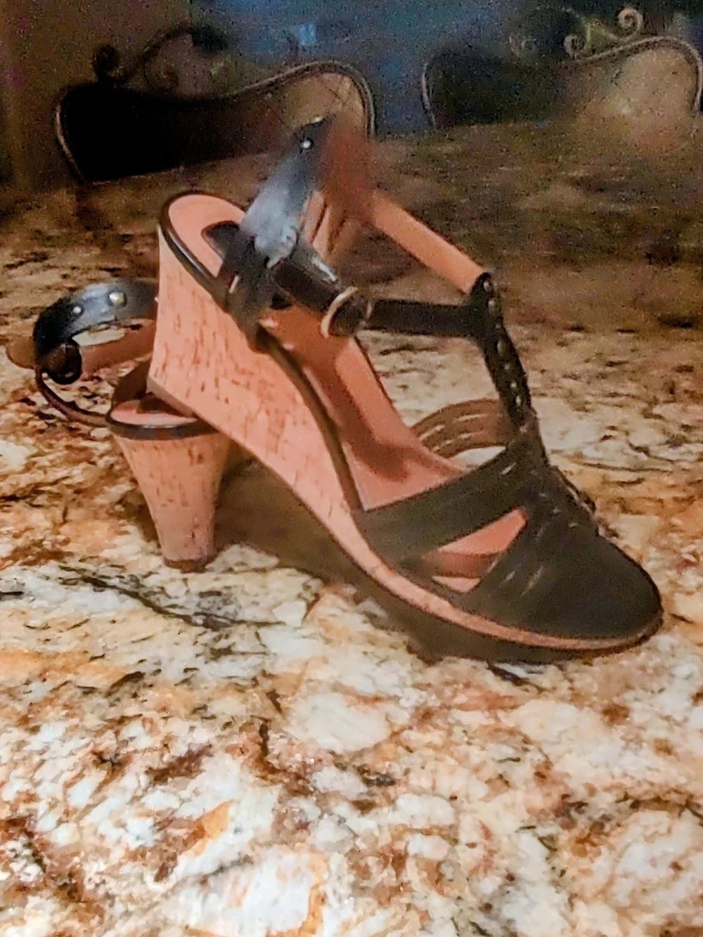 Clarks Black Leather Strappy Wedge Sandals
